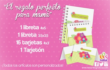 ¡El regalo perfecto para mamá! Paga RD$ 595 en vez de RD$ 1,185  por Libreta Personalizada 4" X 5" (100 hojas rayadas) + Libreta Personalizada 3.5" X 3.5" + 16 Tarjetas Personalizadas 4" X 3" + 1 Tarjetón en Inés Artes Gráficas.  