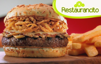 ¡Disfruta una deliciosa comida! Paga RD$ 140 en vez de RD$ 320  por 1 Hamburger  con Carne Angus hecho como en casa con finos aros de cebolla y jugosas tiras de Tocineta + Queso suizo en salsa Teriyaki + Servicio de Papas fritas en Restaurancito.